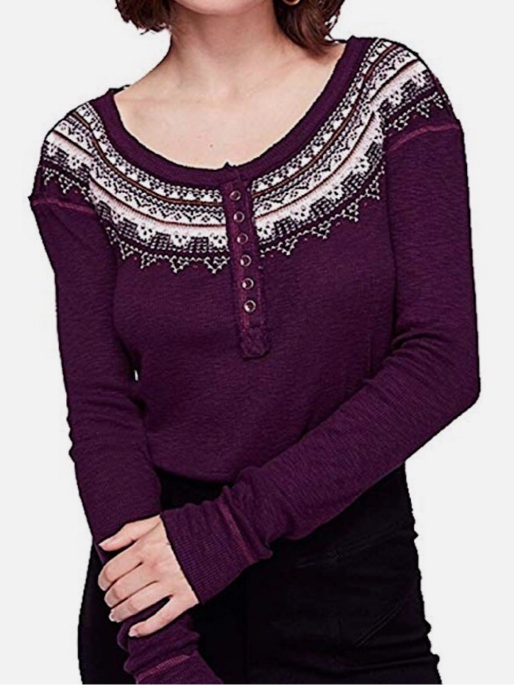 We The Free Purple Fair Isle Henley Long Sleeve Thermal Waffle Knit Boho Top
